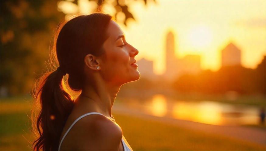 woman meditating and taking in the sun just outside downtown Columbus, OH