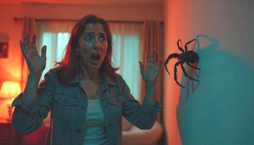 A woman is standing in fear of a spider crawling down the wall.