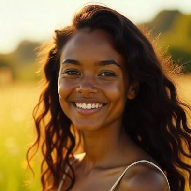 A woman with long curly hair is smiling after her first experience with reiki healing