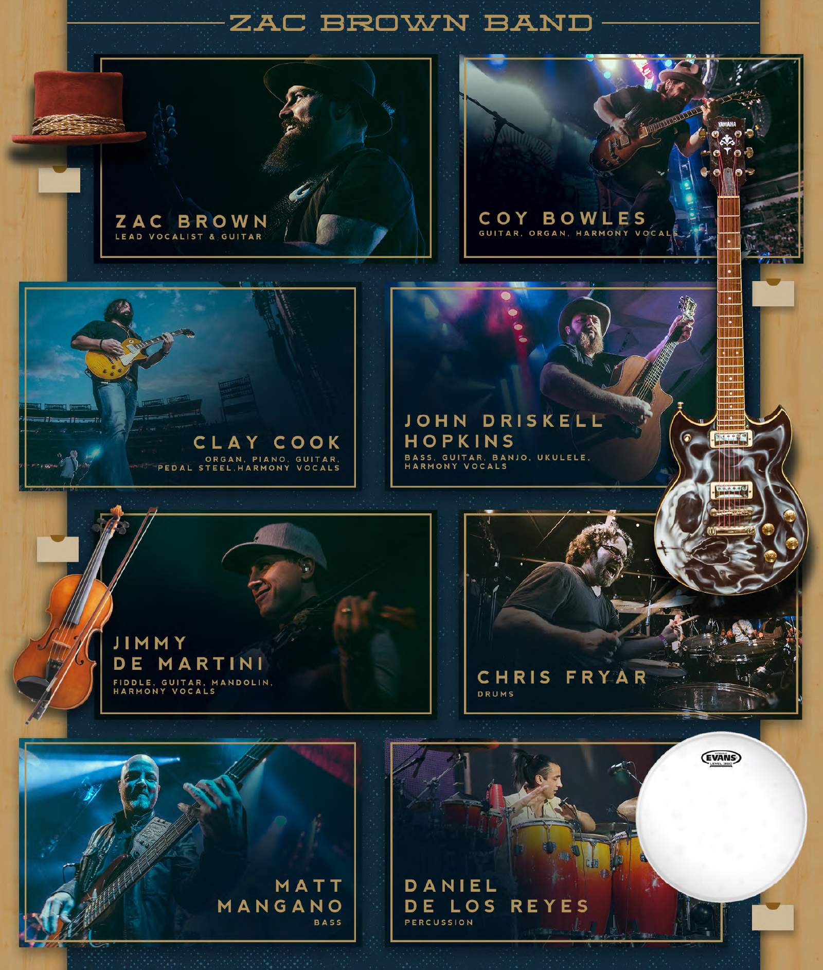 Zac Brown Band members: portraits, guitars, fiddle, drumhead. Beige, blue accents.