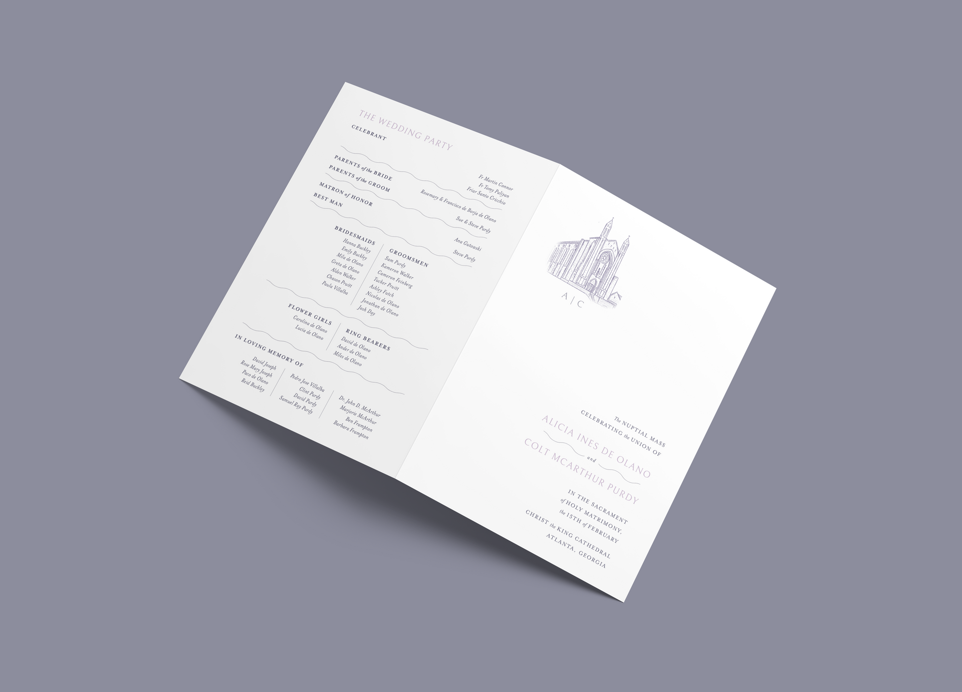 Two-page brochure with text and a small architectural illustration on a gray background.