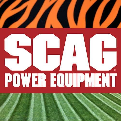 SCAG Power Equipment logo with orange tiger-stripe background and striped grass.