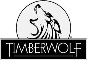 A black and white logo for timberwolf with a wolf howling at the moon.
