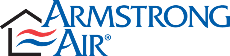 The armstrong air logo is blue and red with a house in the background.