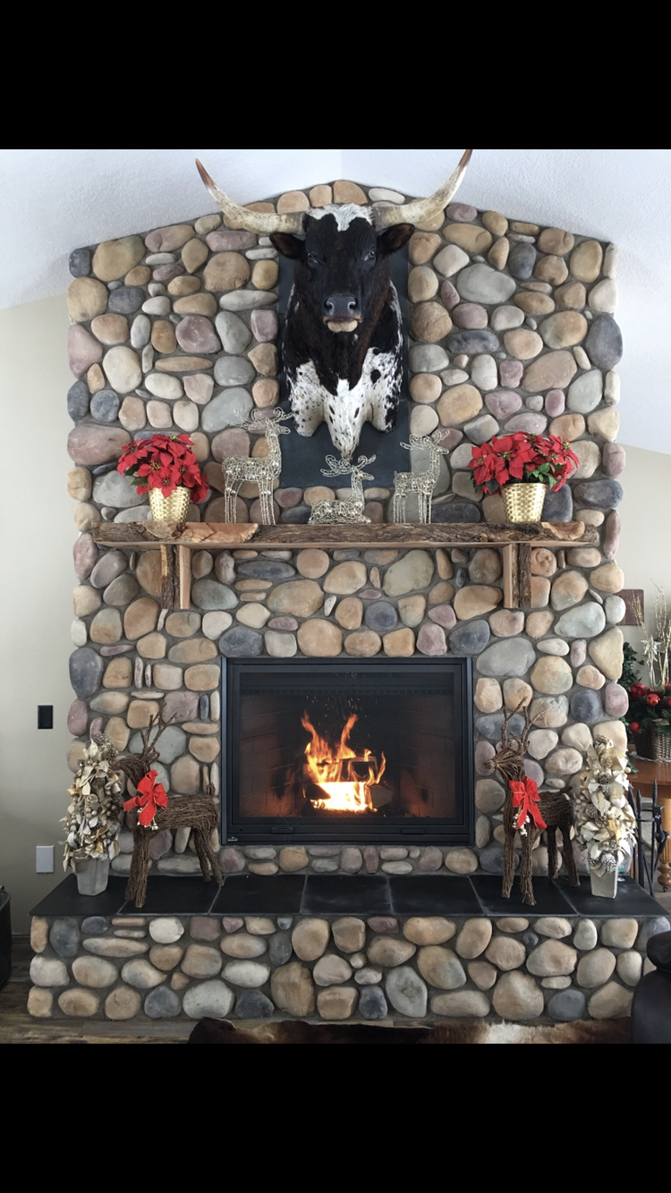 A living room with a fireplace and a stone wall.