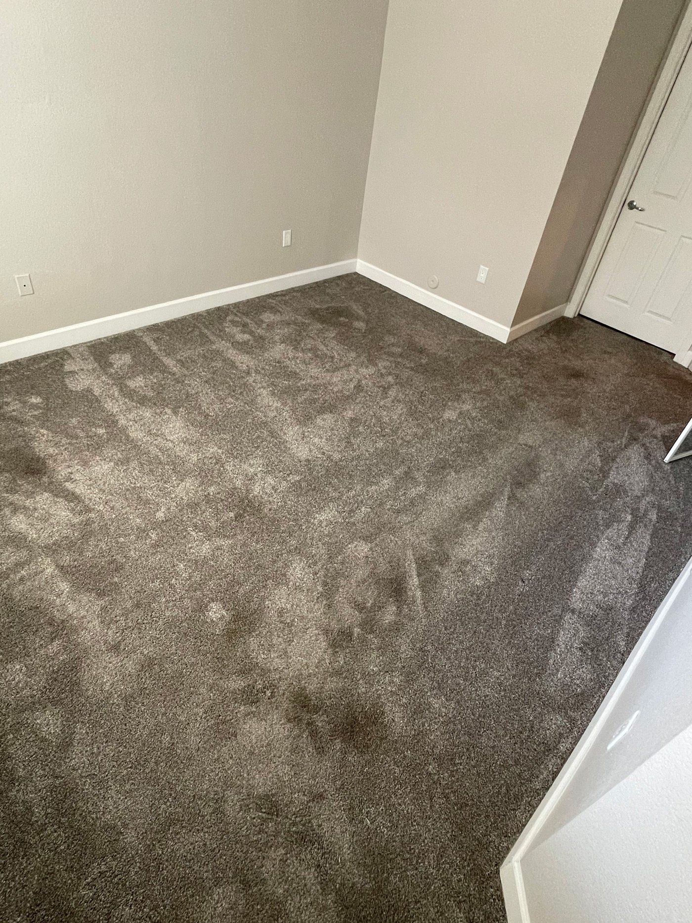Room with brown carpet and beige walls. A door is visible on the right.