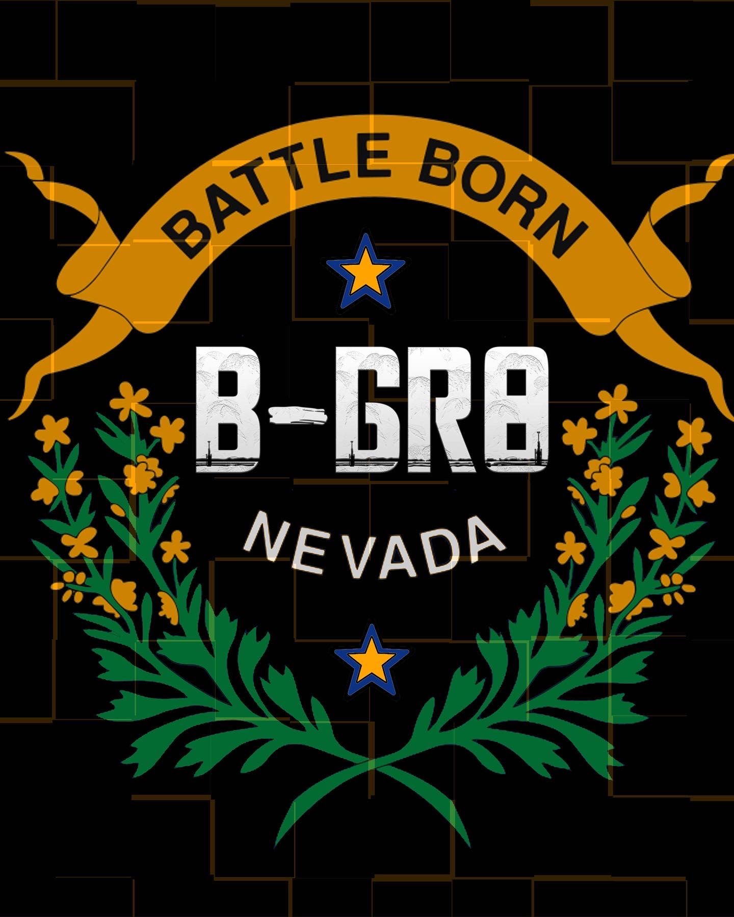 Nevada Battle Born graphic with gold banner, green wreath, stars, and text: B-GRB, Nevada.