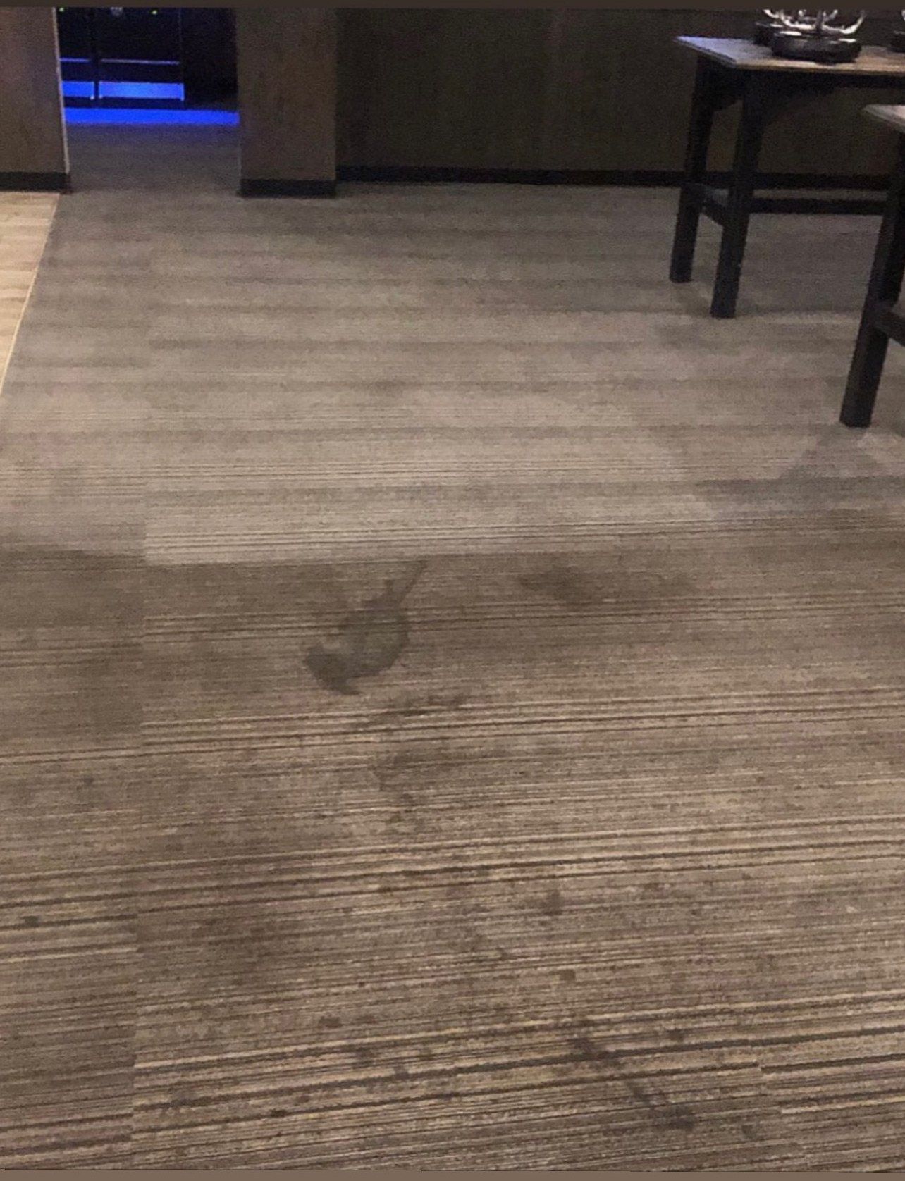 Brown carpet with a dark stain, a table with two legs visible, and an illuminated hallway.