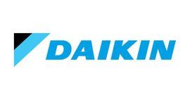 Daikin logo in blue with a black and cyan triangular mark