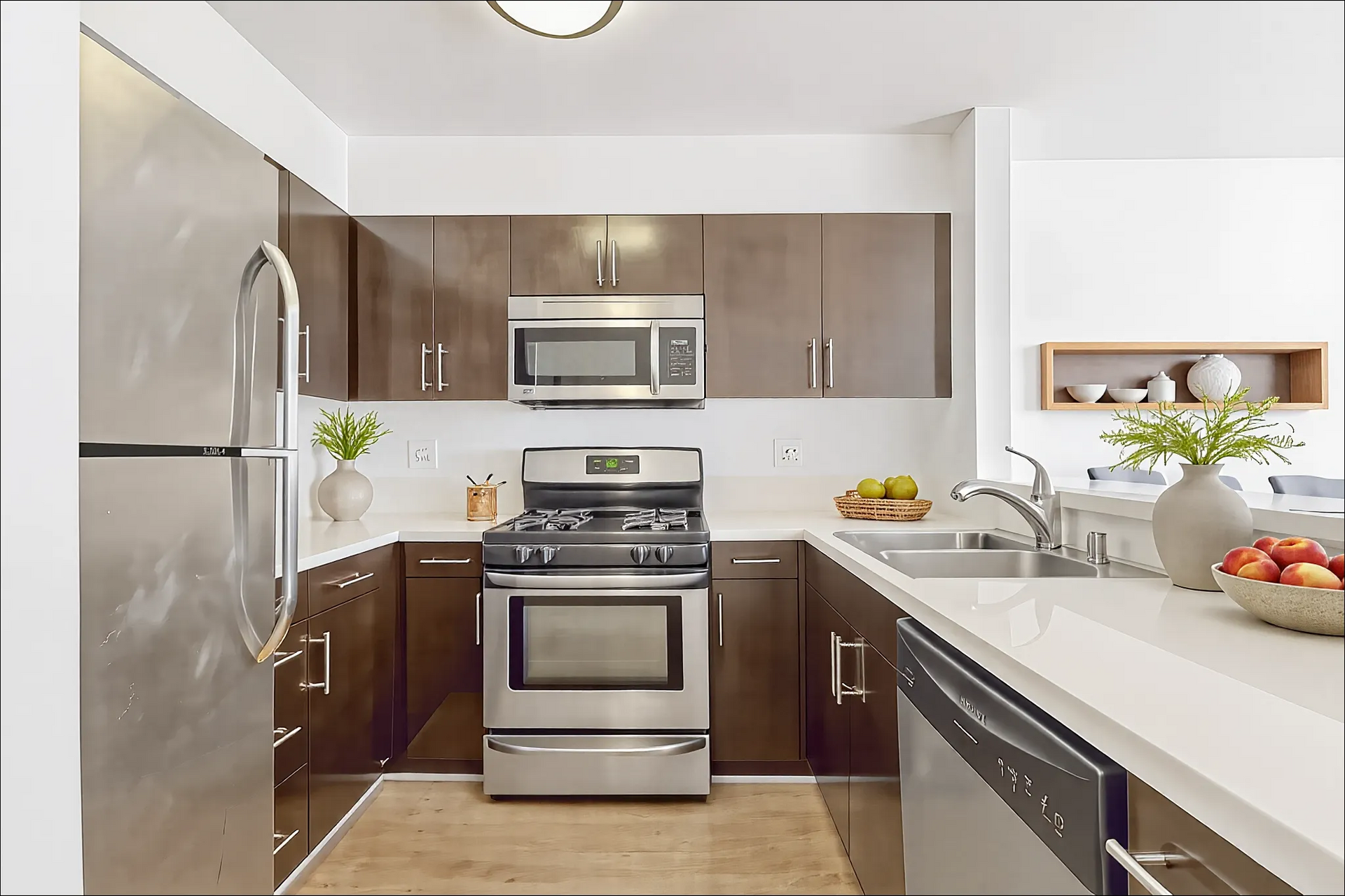 A kitchen with stainless steel appliances and wooden cabinets