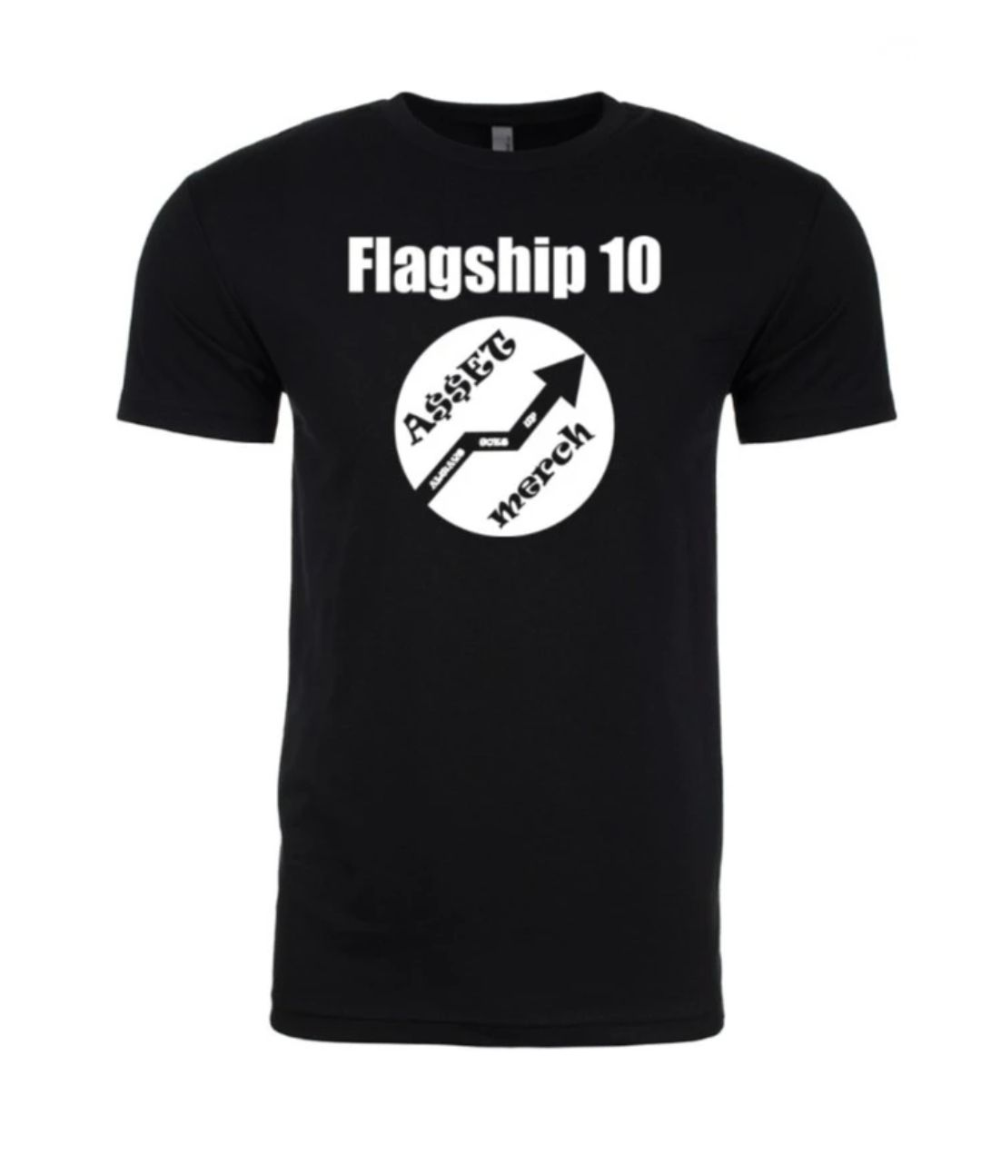 Black T-shirt with “Flagship 10” text and a circular logo printed on the chest