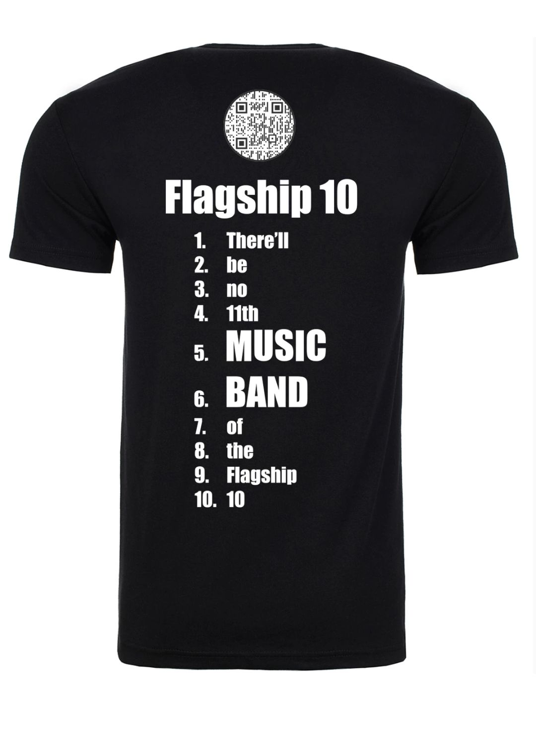 Black T-shirt with bold white text “Flagship 10” and a numbered list down the front.