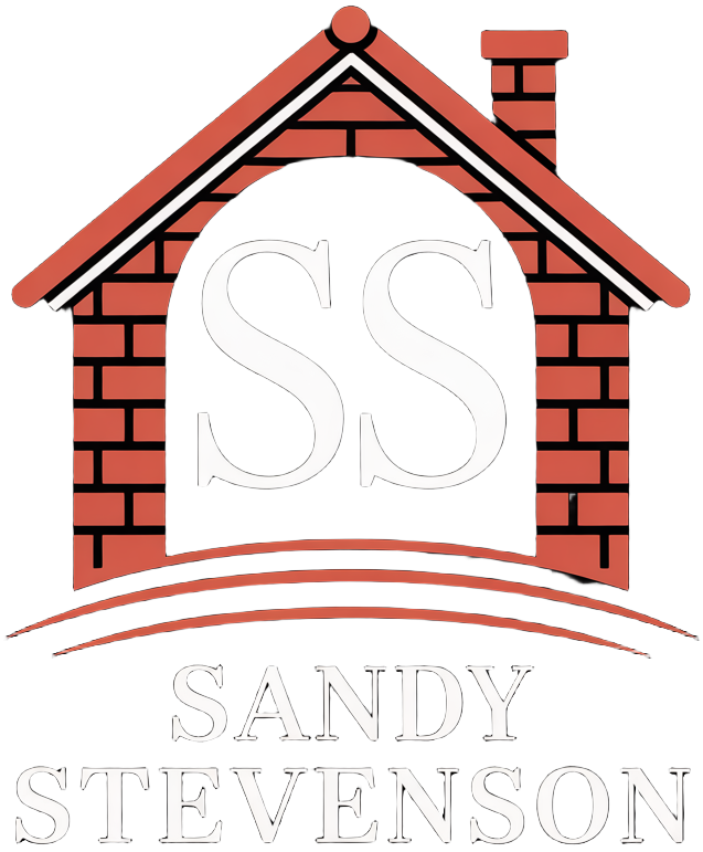 A logo for sandy stevenson shows a brick house with a chimney