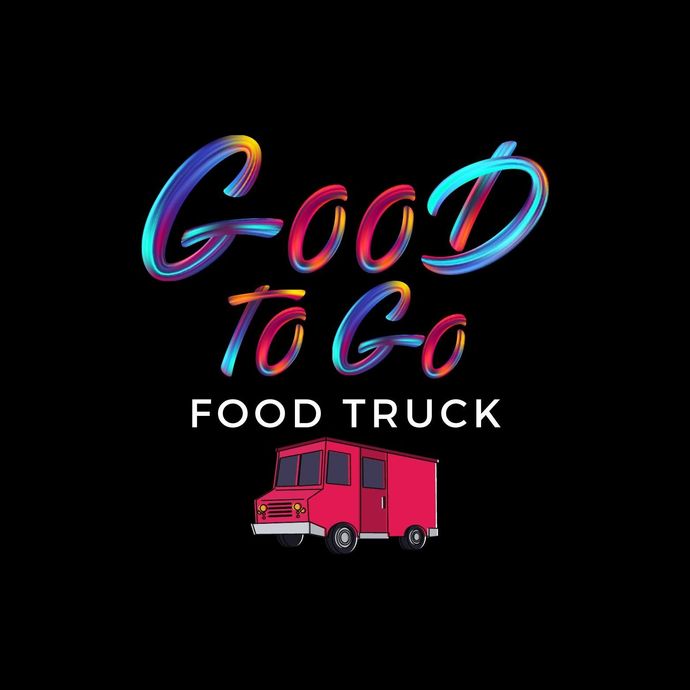 A good to go food truck logo with a red food truck on a black background.