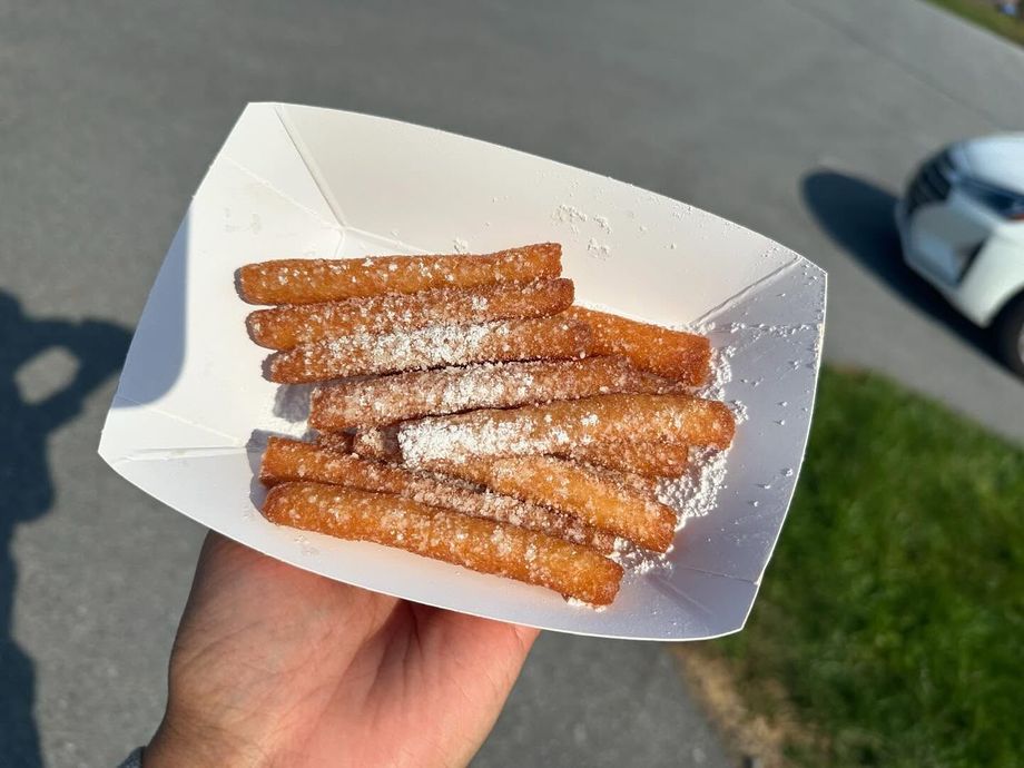 A person is holding a paper container of churros with powdered sugar on top.