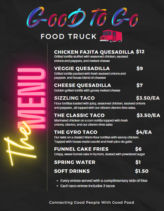 A menu for a food truck called good to go