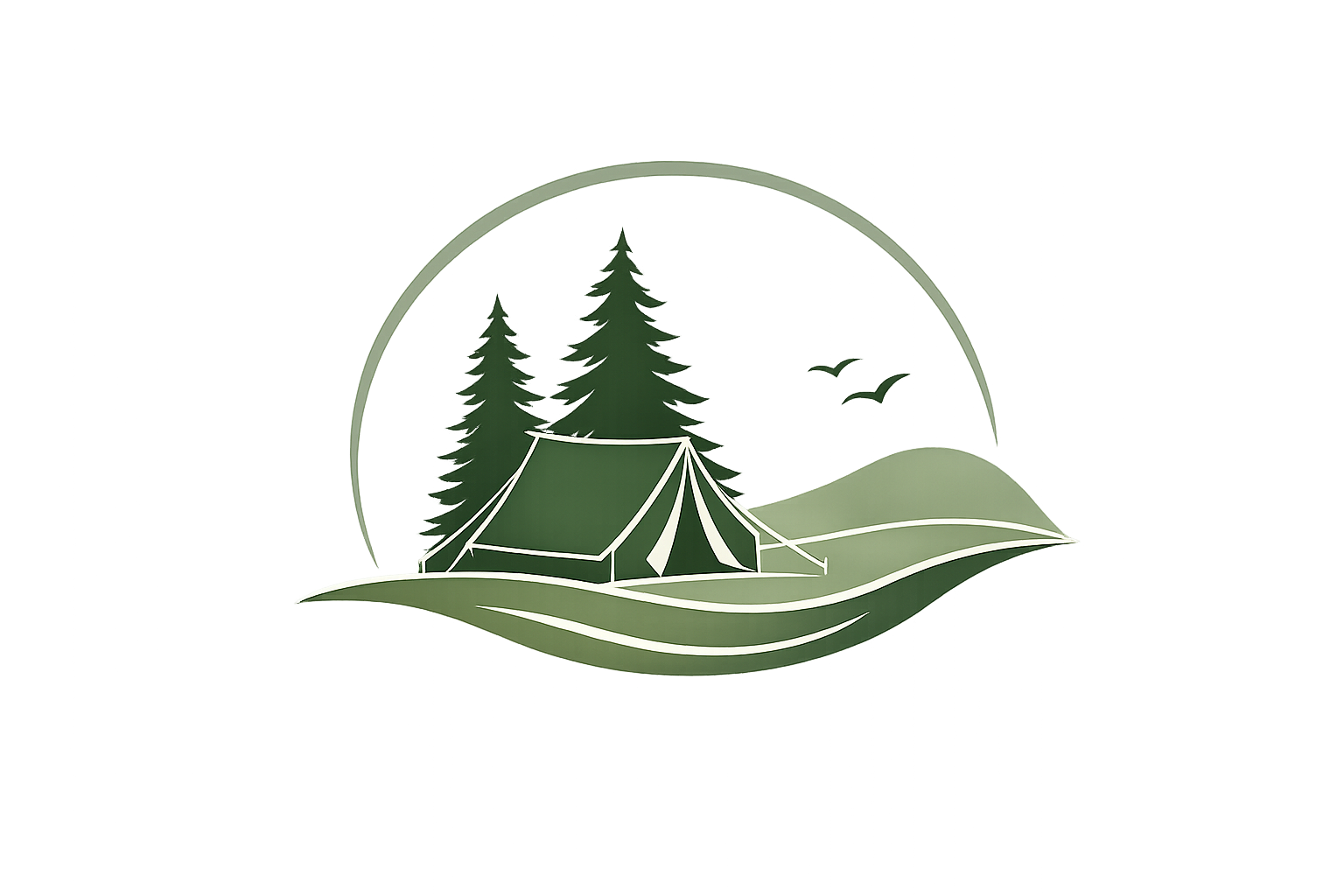 Green camping logo with tent, pine trees, hills, birds, and a semicircle sun outline