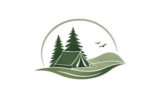 Green camping logo with tent, pine trees, hills, birds, and a semicircle sun outline