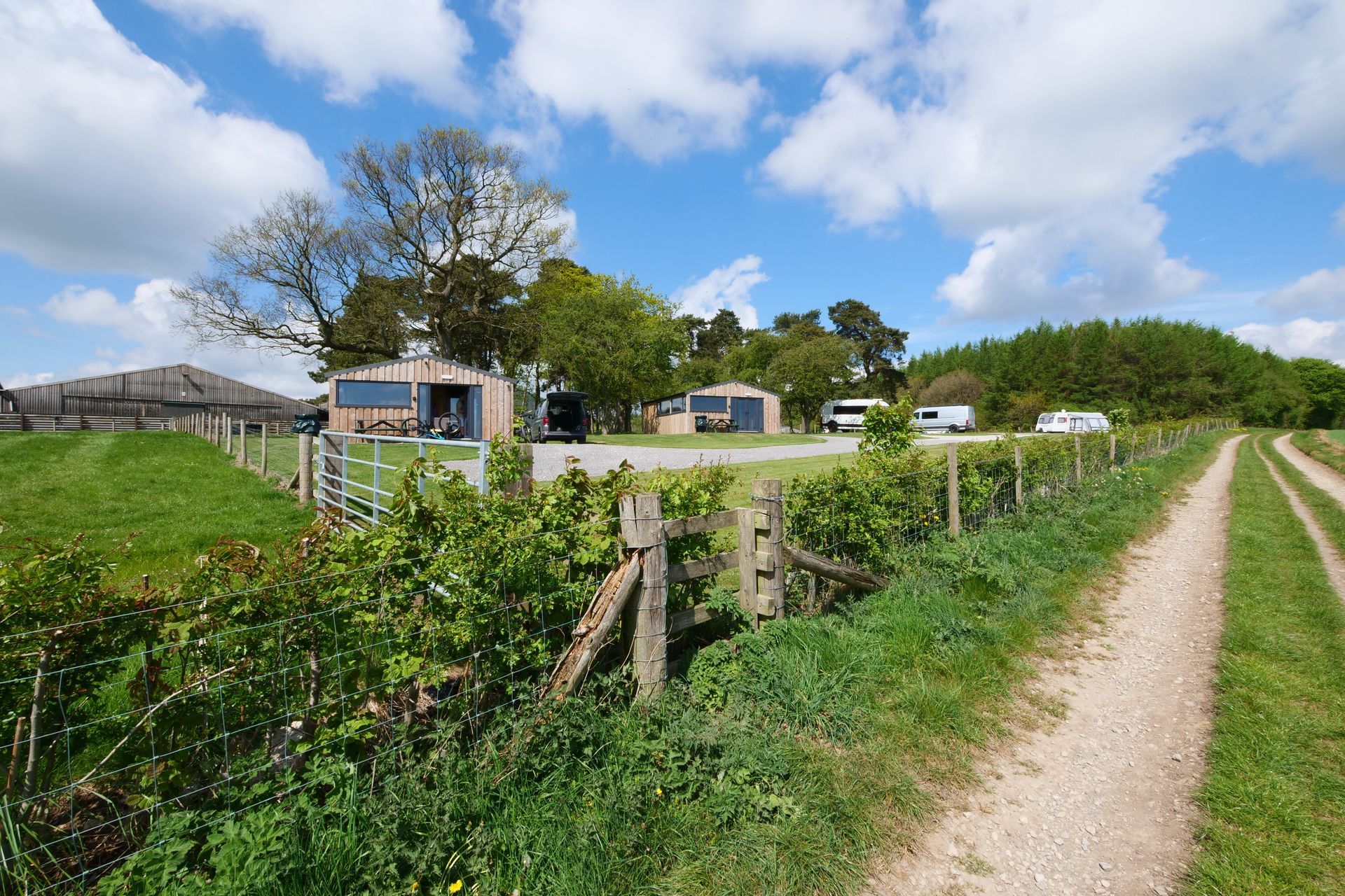 Rural dirt path beside a fenced green field, with pods and trees under a blue sky with clouds.