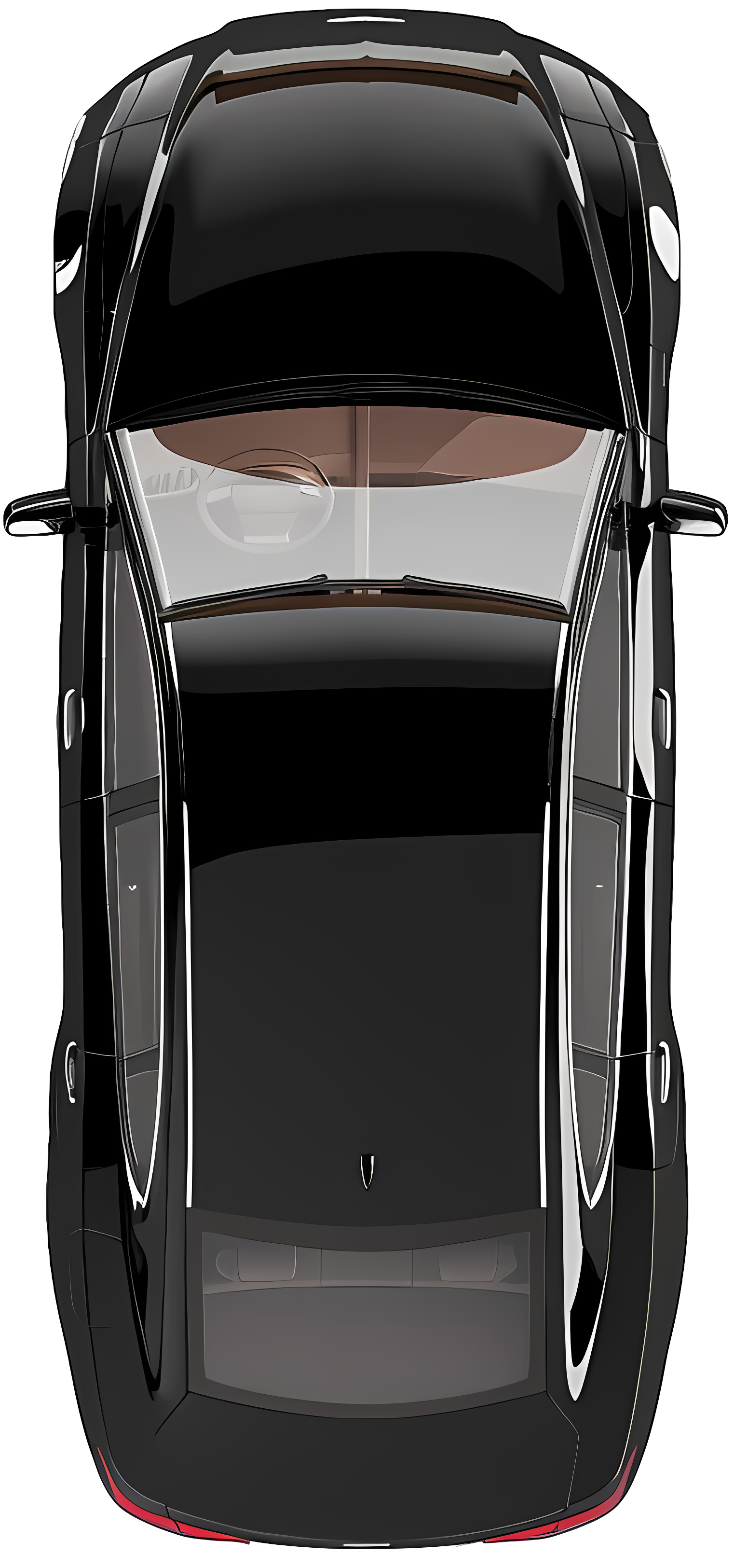 An aerial view of a black car on a white background.