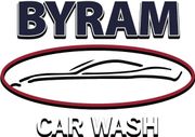 The logo for byram car wash shows a car in a red circle.