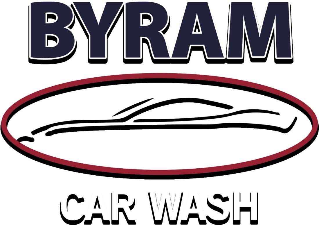 The logo for byram car wash shows a car in a red circle.