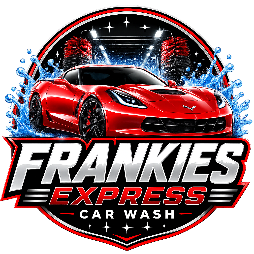 A blue sign that says frankie 's car wash oil change