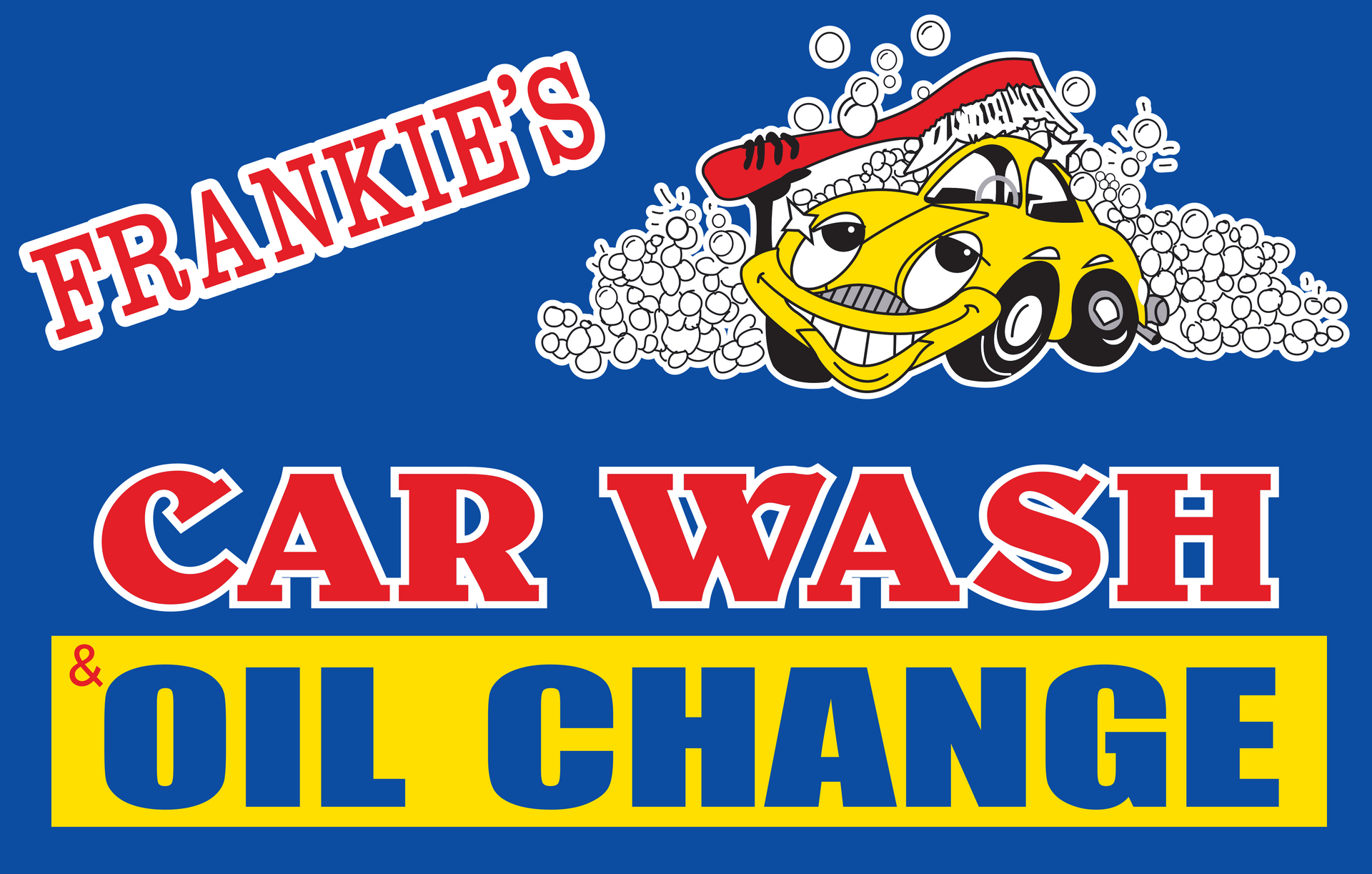 A blue sign that says frankie 's car wash oil change