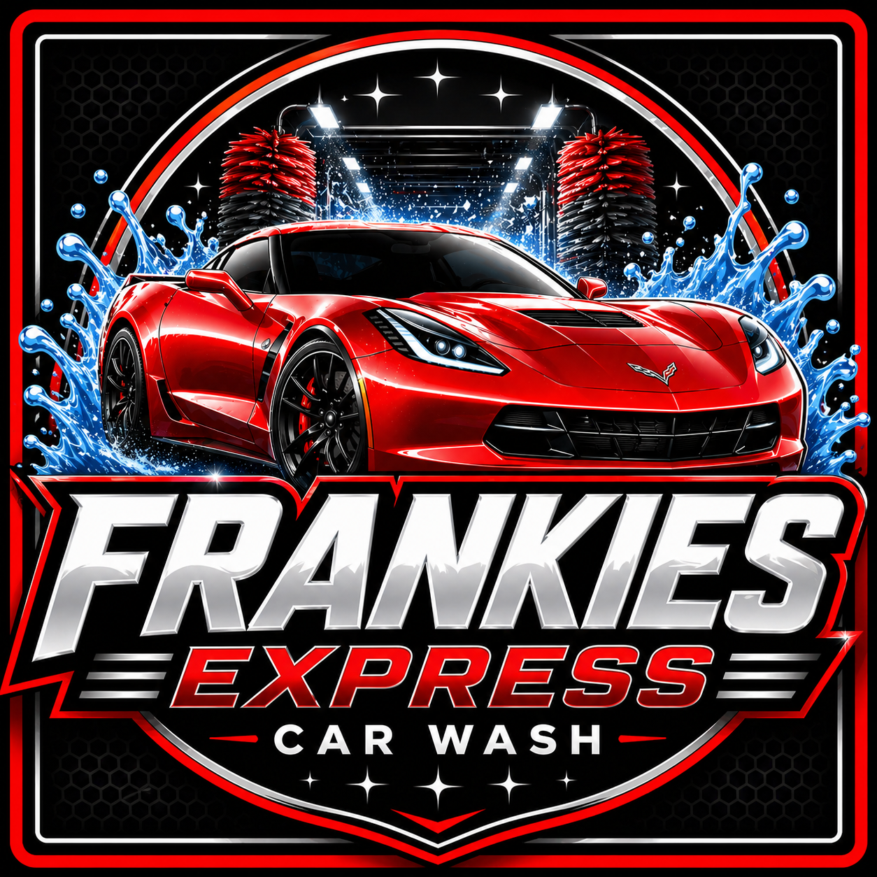 A blue sign that says frankie 's car wash oil change
