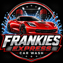 A blue sign that says frankie 's car wash oil change