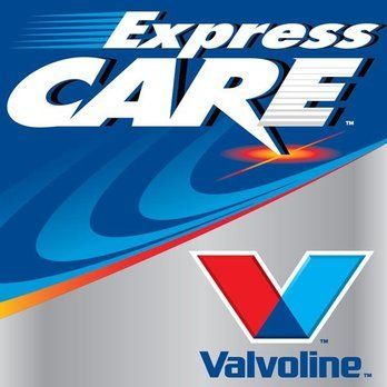 A logo for express care and valvoline on a blue background