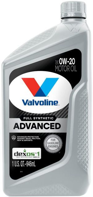 A bottle of valvoline advanced motor oil is shown on a white background.