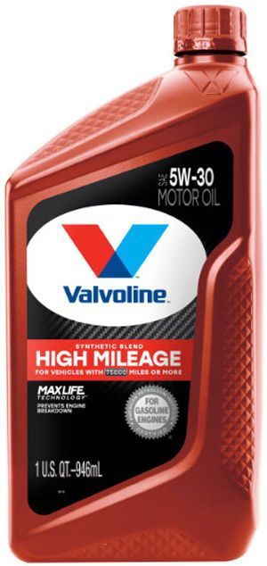 A bottle of valvoline high mileage motor oil