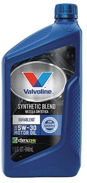 A bottle of valvoline synthetic blend 35w 30 motor oil.