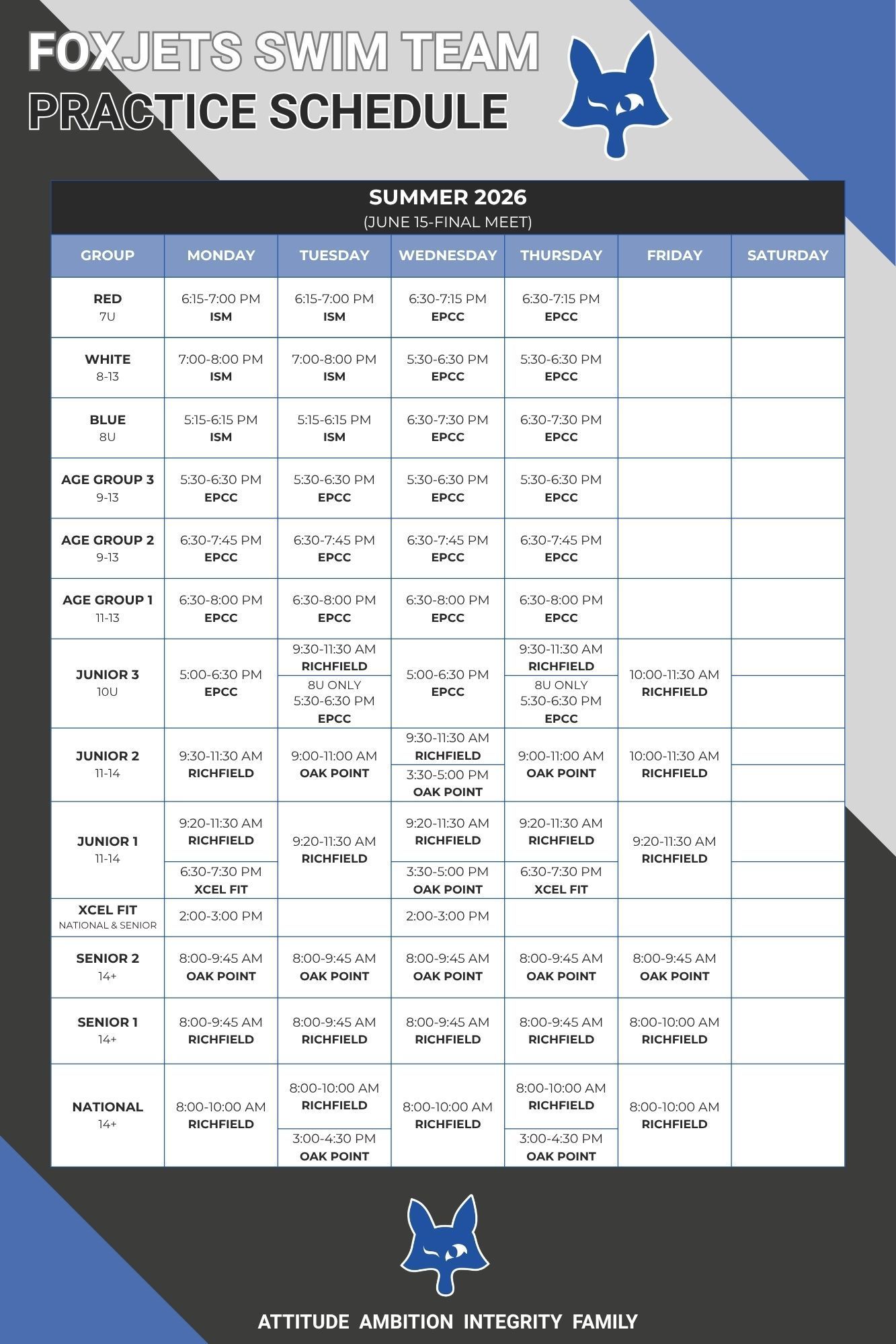 Foxjets Swim Team Practice Schedule Summer 2026