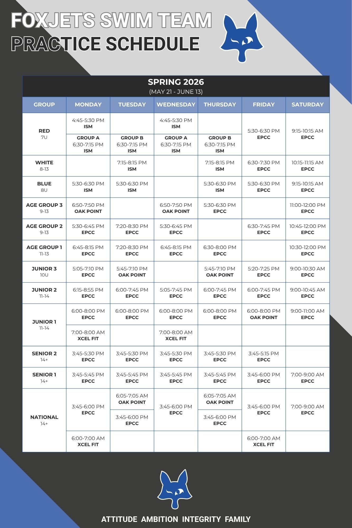 Foxjets Swim Team Practice Schedule Spring 2026