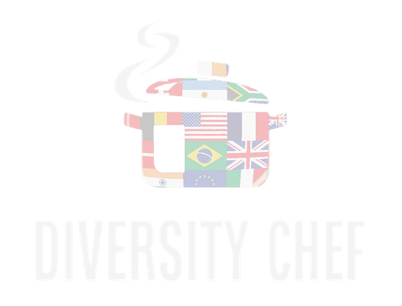 The logo for diversity chef is a pot with flags of different countries on it.