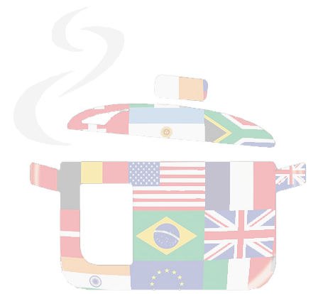 A pot filled with flags of different countries with steam coming out of it.