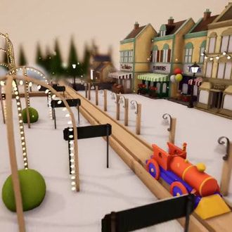 A toy train is going down a wooden track in a small town