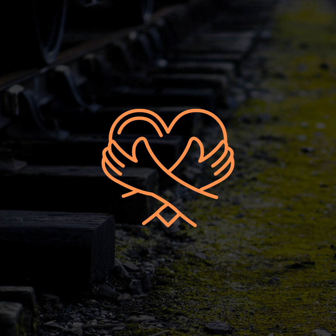 A line drawing of two hands holding a heart in front of a row of dumbbells.