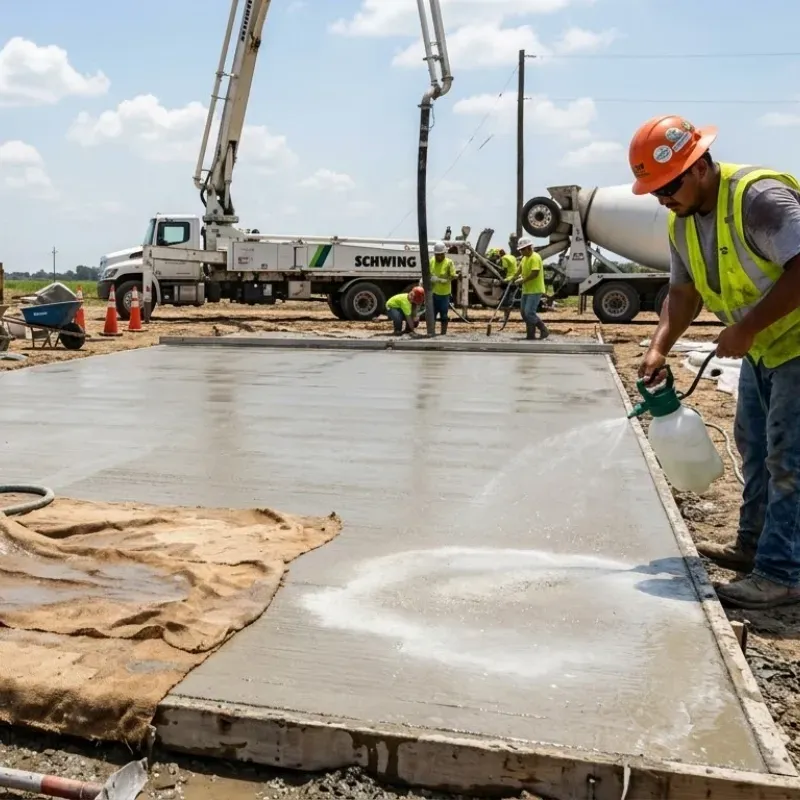 Concrete curing and maintenance in Louisiana home driveway, showing moisture retention techniques and sealing to prevent cracks and damage.