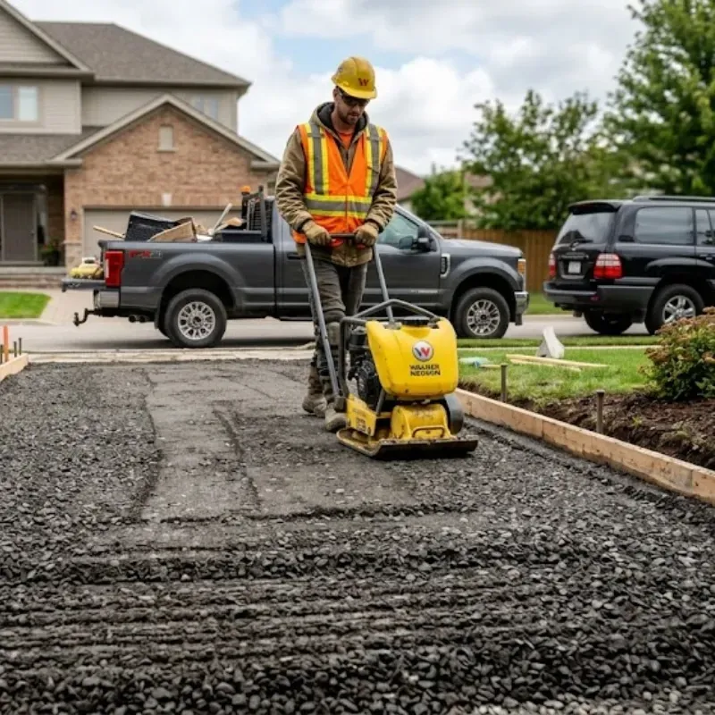 Concrete driveway base preparation with compacted crushed stone and proper edge support for residential homes in Dallas TX