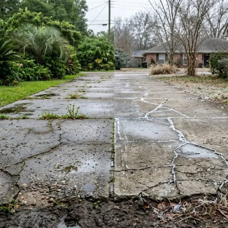 Concrete driveway in Lafayette LA showing cracks from freeze thaw cycles and humid climate damage