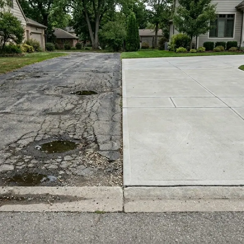 Concrete driveway in Lafayette, Colorado showing long-term durability with minimal maintenance compared to asphalt, highlighting proper joint placement and drainage for extended lifespan