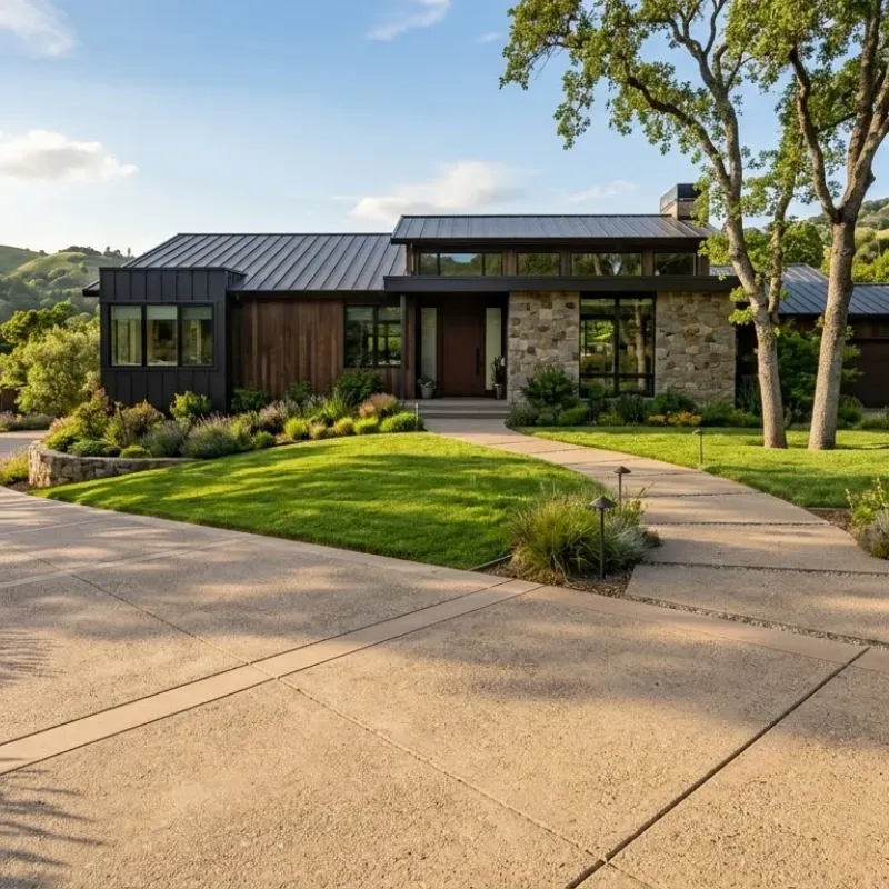 Concrete driveway in Lafayette, LA with patterned and colored design highlighting durability and curb appeal