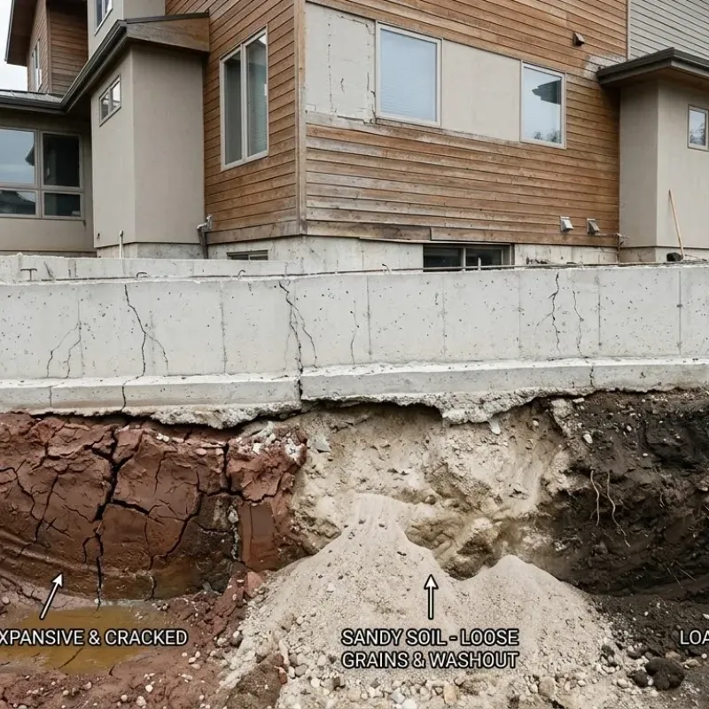 Concrete foundation soil types in Lafayette LA showing clay, sand, and loam ground conditions