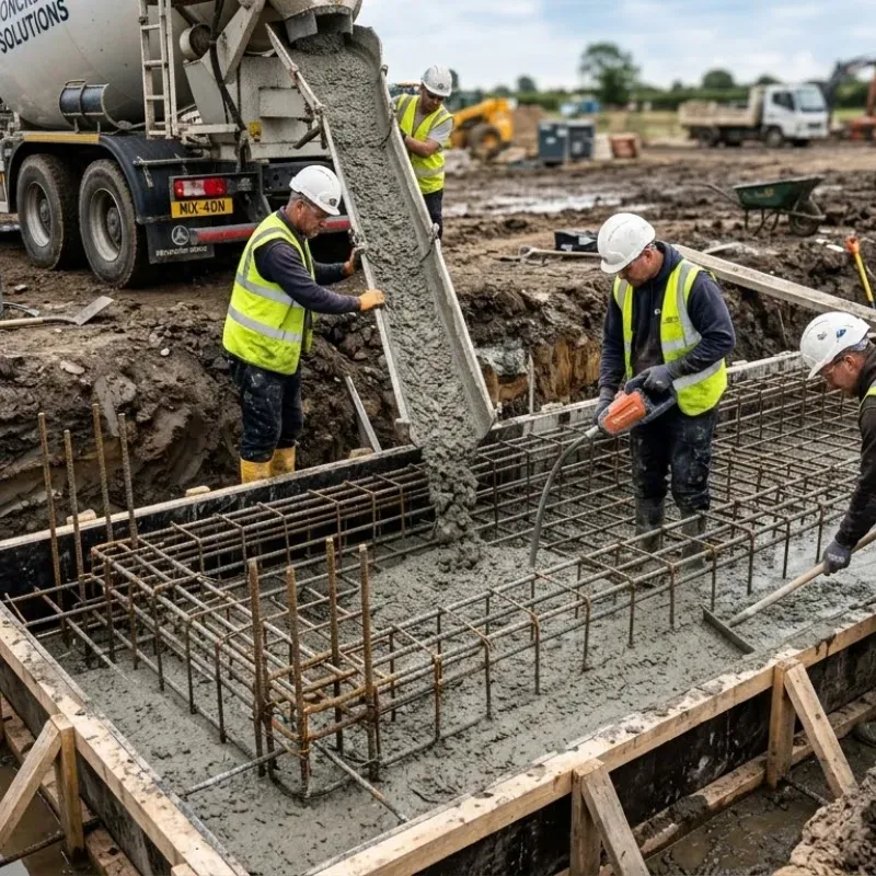 Concrete foundation with rebar reinforcement and 3000 PSI mix design for durability in Lafayette soil and weather conditions
