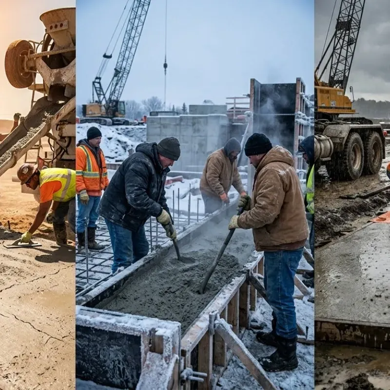 Concrete pouring in hot weather showing rapid curing issues and surface cracking during driveway installation in Lafayette