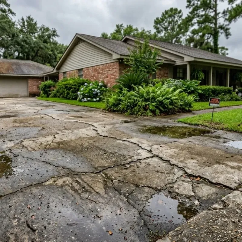 Cracked concrete driveway in Lafayette LA caused by delayed maintenance and humidity damage