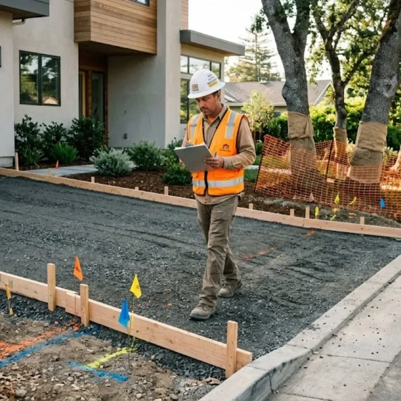 Final walkthrough before concrete driveway pour in Lafayette LA showing grading, forms alignment, and site preparation checklist